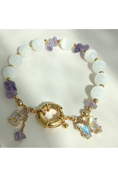 BNG AKSESUAR Gerçek Doğaltaş Selenit Harfli Bileklik Kişiye Özel Gold Kelebek...