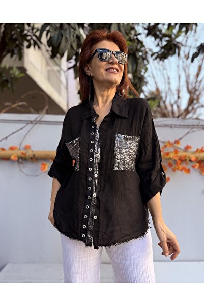 DenizEge Италианска ленена риза Bird's Eye, черна