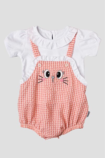 Chicsy Baby Baby Girl Gingham Salopet Jumpsuit with Cat Embroidery Baby Set S...