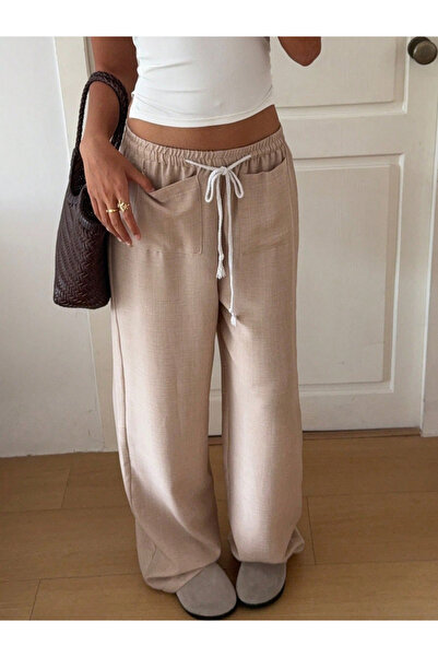 Take Two By Styli Beige Wide Leg Linen Pants with Drawstring