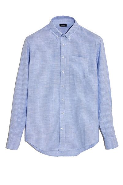 Tudors Erkek Slim Fit Dar Kesim %100 Pamuk Düğmeli Yaka Çizgili Uzun Kollu Ce...