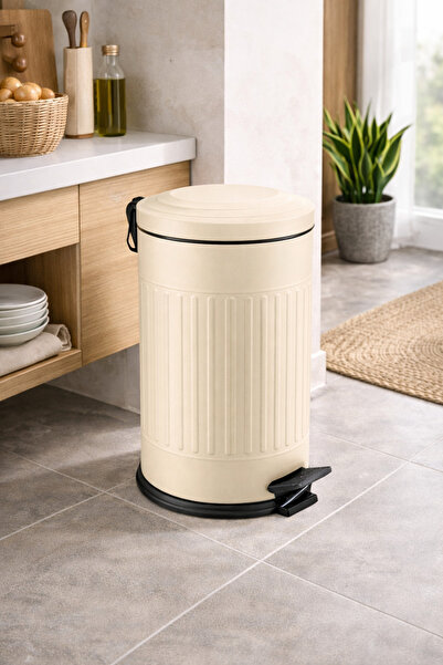 Yufira Life 16 LT Çizgili Vintage Yavaş Kapanan Pedallı Krem Çöp Kovası 16 Lt...