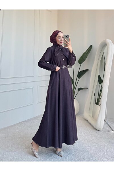 MVK GİYİM Fular Bağlamalı Kemerli Tensel Kot Elbise