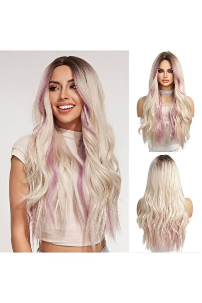 animis beauty Perucă blondă cu șuvițe roz, păr lung și ondulat, fără breton, ...