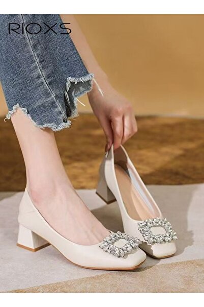 RIOXS Women's Square Closed Toe Pumps, Shiny Rhinestone Low Chunky Block Heel...