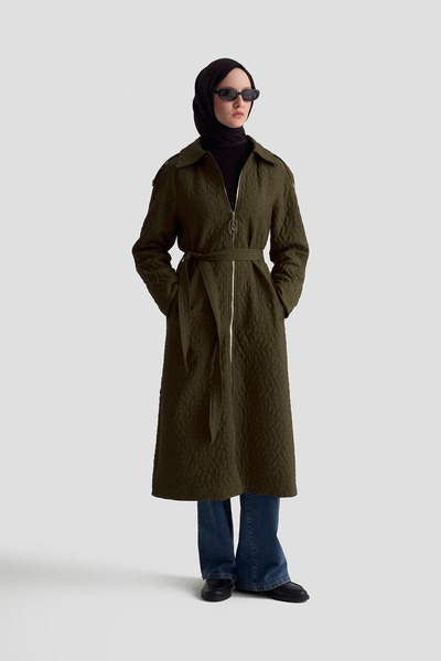 Armine TREND Kabartma Desenli Boydan Fermuarlı Belden Kuşaklı Giy Çık Haki 26...