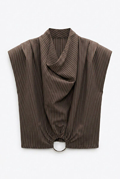 Quzu Çizgili Degaje Yaka Vatkalı Bluz Kahverengi