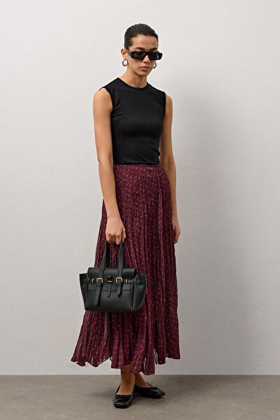 Molene Bordo Şifon Desenli Etek