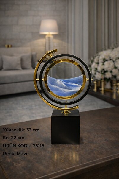 İSHTAR DEKOR Dekoratif Gold Metal Kum Saati (Hareketli Kum Tablosu) – Mavi Ku...
