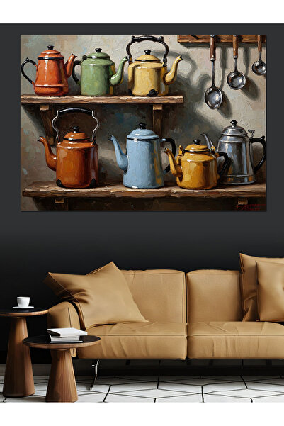 Tablo Mega Mutfak Rafında Renkli Antika Demlikler Dekoratif Kanvas - Mdf Ahşa...