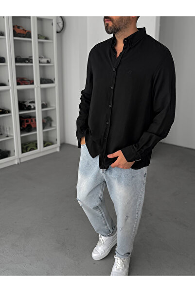 BYBASICMAN Crna Vezena Tensel Oversize kroj Košulja G-5792