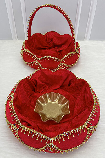 ZEYMERADE مجموعة سلة تقديم الحناء الحمراء للعروس، مزينة بـ مخمل حجرًا لامعًا،...