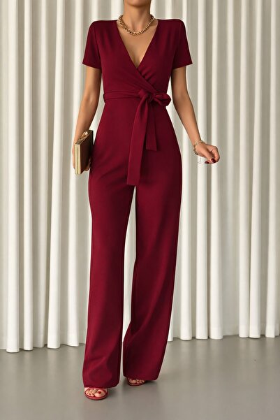 Deafox Bordo Kruvaze Yaka Kuşaklı Krep Kumaş Tulum