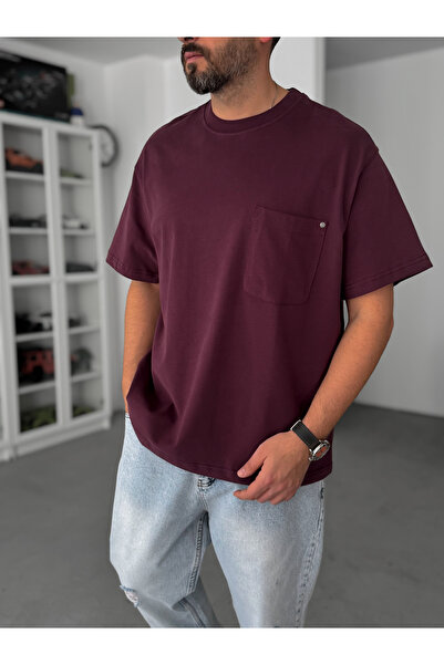 BYBASICMAN Bordo crvena Sa džepovima oprana Oversize kroj T-shirt C-011