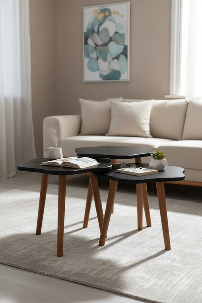 vilena Papatya 3’lü Zigon Sehpa Takımı – MDF Lam & Mebran Kaplama, Ahşap Ayak...