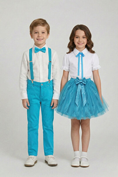 nacar çarşı 2-Piece Girls' Turquoise Lace Piece Shirt Set Boys' Turquoise Set...