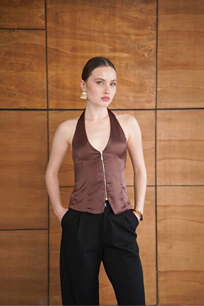 cemo Kadın V Yaka Fermuarlı Halter Yaka Yelek