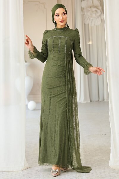 Olcay Beli Cape-detailliertes, mit Steinen verziertes Spitzen-Hijab-Abendklei...