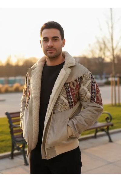 CANMODA (7882) Recien Unisex Fur-Trimmed Yaka Vintage Aztek Jacket Oversized ...