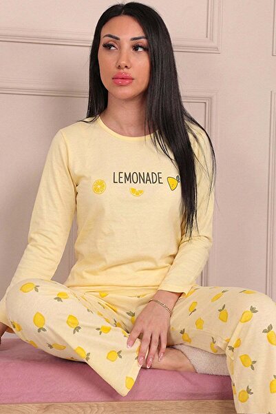 Niket Life Women's Lemonade Slogan and Six Lemons Patterned Combed Cotton Paj...