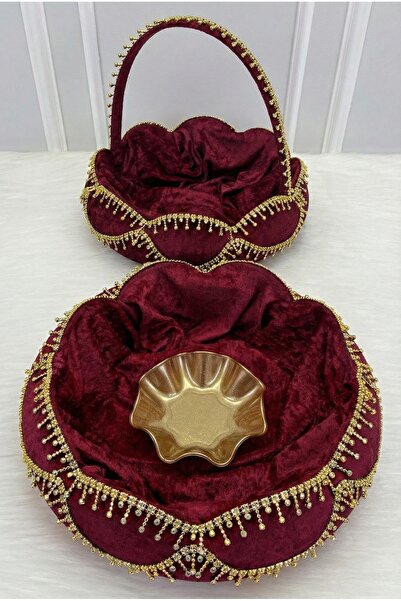 ZEYMERADE طقم سلة تقديم الحناء للعروس باللون العنابي، مزين بـ مخمل حجرًا لامع...