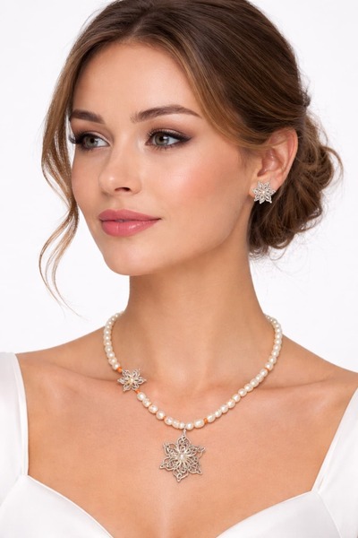 Shoporatr FGN Atölye 925 Ayar Gümüş Telkari Gerçek İnci ve Mercan Taşlı El İş...