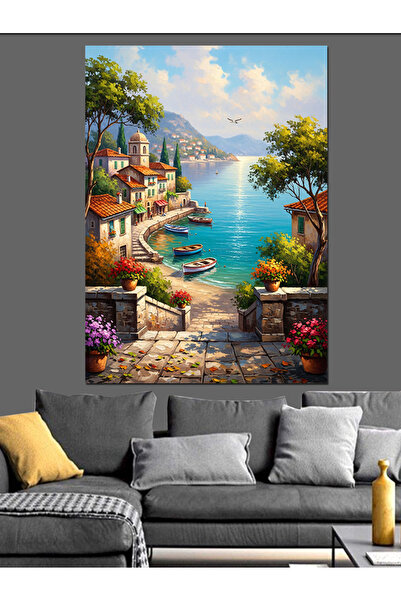 Tablo Mega Çiçekli Akdeniz Sokağı Ve Deniz Dekoratif Kanvas - Mdf Ahşap Tablo
