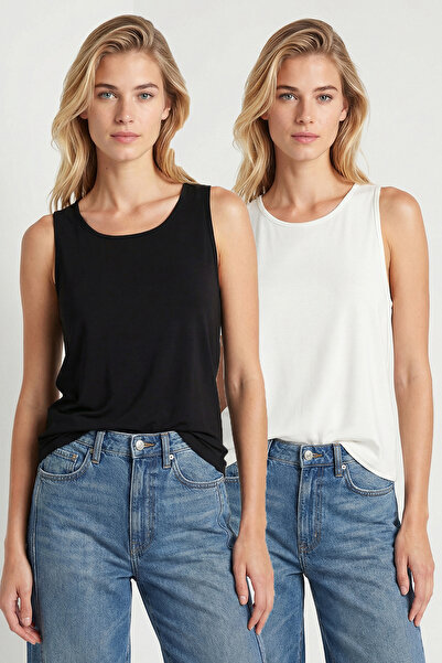 Lovelyİstanbul 2-Pack Sleeveless Viscose Blouse Lrn0010 Black and White
