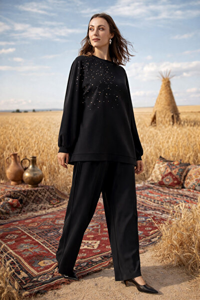 Nuss Stone Stud Detail Tunic Trousers Set 1076 Black