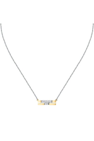 Trussardi T-Logo necklace, silver stainless steel, gold, white crystals, leng...