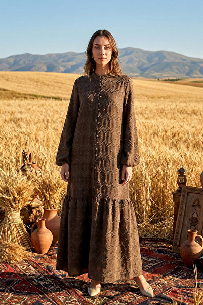 Nuss Guipure and Denim Detailed Long Dress 2026 Khaki Green