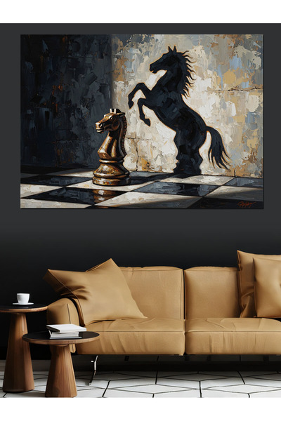 Tablo Mega Satranç Tahtasında At Ve Gölge Dekoratif Kanvas - Mdf Ahşap Tablo