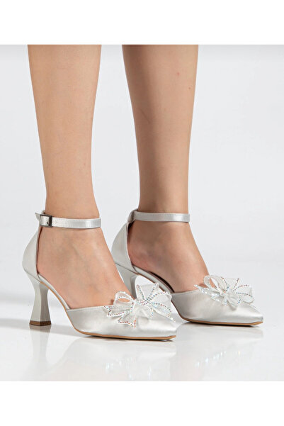 BAKKA Women's Silver Pointed Toe Bowknot Stone Detailed Evening Dress Shoes