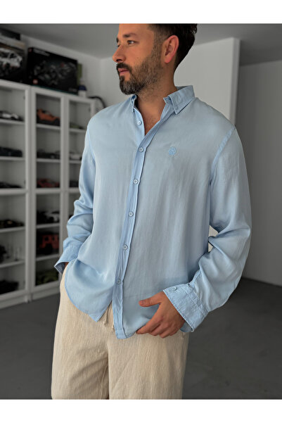 BYBASICMAN Svetloplava Vezena Tensel Oversize kroj Košulja G-5792