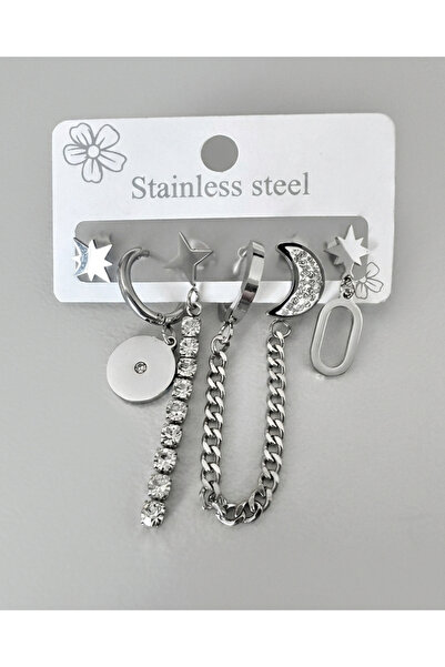 Rasa Moon Star and Chain Detail 6-Piece Steel Earring Combination Set