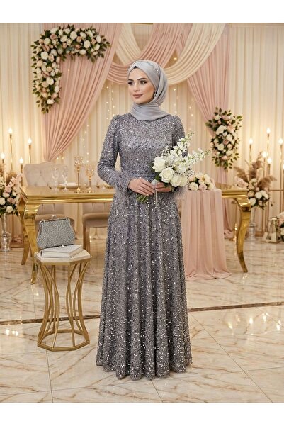 KADİR KORKMAZ GİYİM Kadın Pulpayet Astarlı Hakim Yaka Tesettür Abiye Elbise