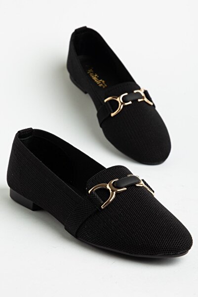 Dilimler Ayakkabı Büyük Beden Kadın Babet Siyah Tekstil Yuvarlak Burun Tokalı