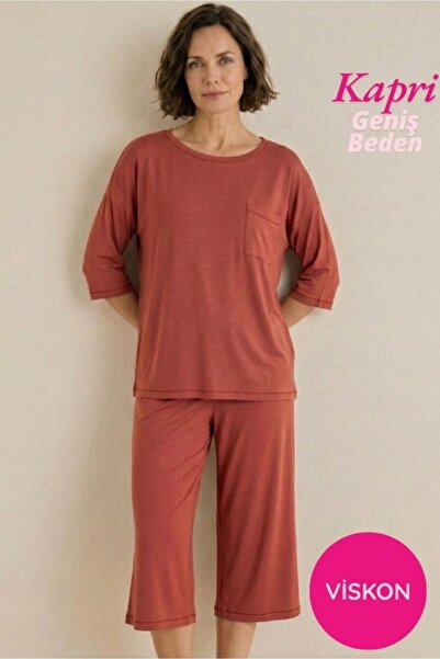 seamlife Buttonless Wide Collar Chest Pocketed Viscose Short Sleeve Capri Paj...