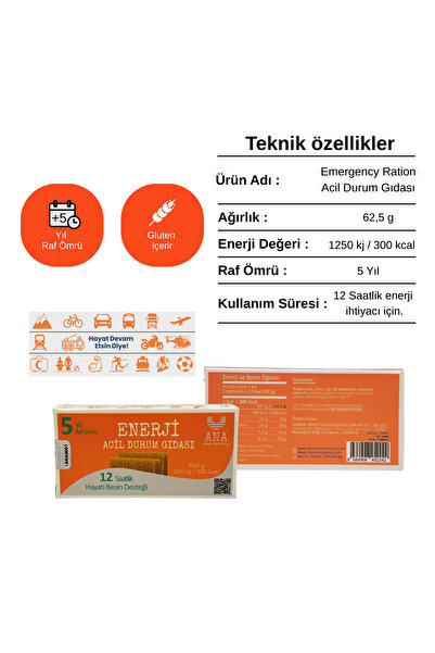 AKANA ANA Enerji Acil Durum Gıdası 62,5g – 1250 kj – 1 Kişilik 12 Saatlik Besin Desteği