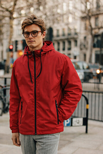 DAMGA JEANS معطف واق من المطر ومقاوم للرياح باللون الأحمر للرجال من بجيوب Eli...