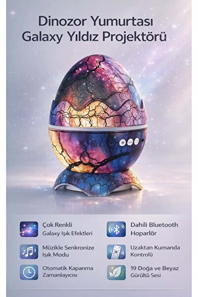 FaroxTech Dinozor Yumurtası Galaxy Yıldız Projektör - Bluetooth Hoparlörlü Ge...