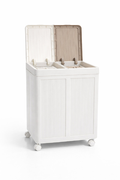 follow me Tekerli Çift Bölmeli Çamaşır Sepeti (Beyaz-Bej)