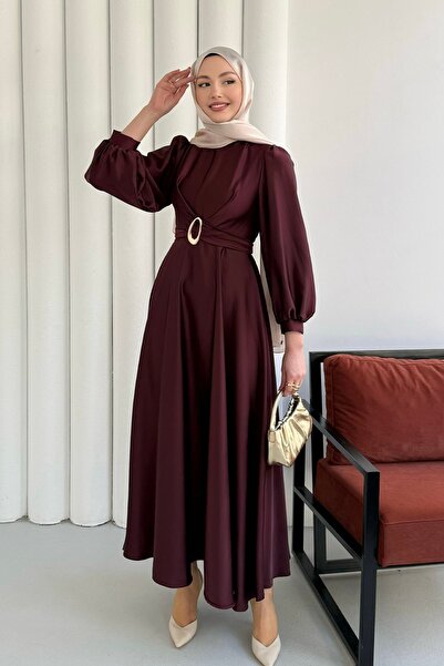 Modaensarbutik Çapraz Tokalı Saten Tesettür Elbise-BORDO