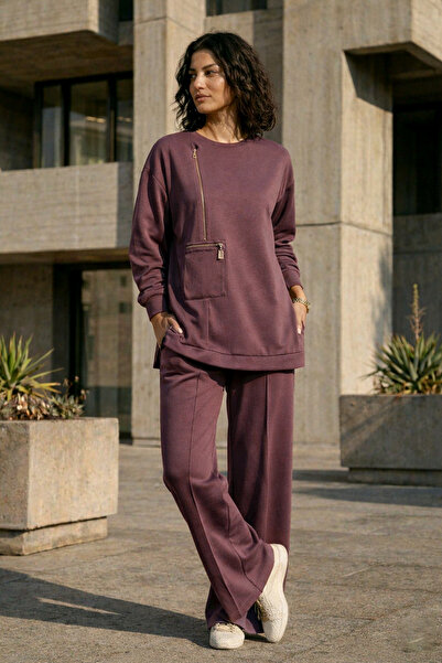 Nuss Zipper and Ribbed Detail Tunic Trousers Set 1077 Plum