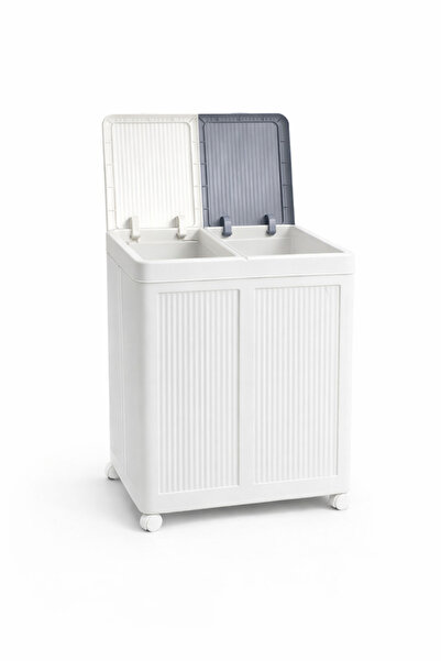 FERAH PLASTİK Kapaklı Çift Bölmeli Çamaşır Sepeti Tekerlekli Kirli Çamaşır Se...