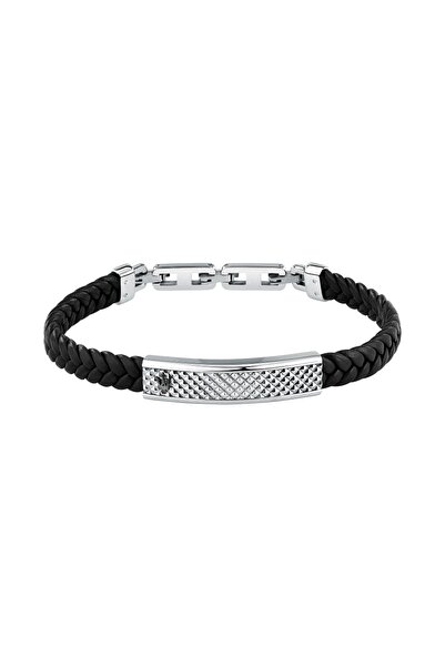 Maserati Bratara Maserati, piele neagra, inox argintiu, logo negru, lungime 2...