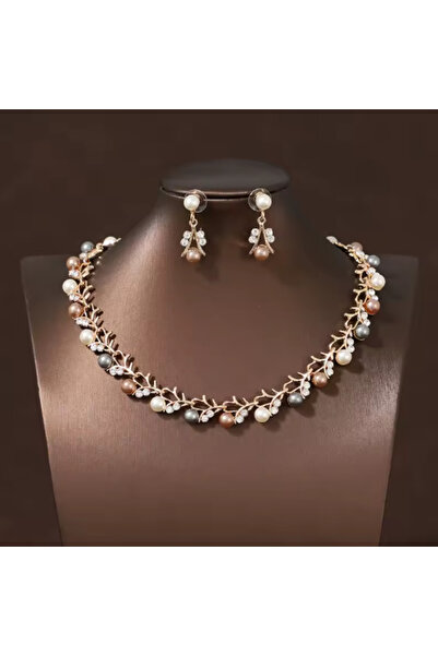 CRM Set colier și cercei pentru femei, model floral cu perle multicolore, aur...