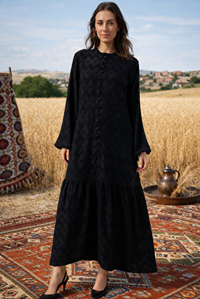 Nuss Guipure and Denim Detailed Long Dress 2026 Black