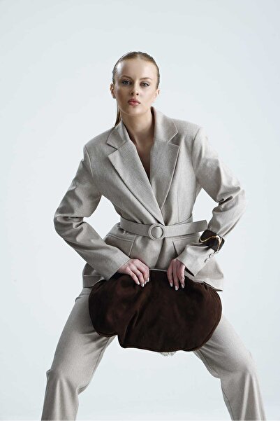 GACA COLLECTION DİEL Kumaş Kemerli Bej Ceket