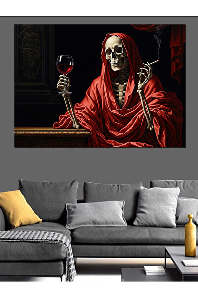 Artmeg Pânză decorativă gotică cu schelet care bea vin - Masă din lemn MDF